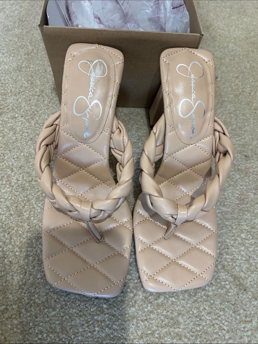 Jessica Simpson Quilted Nude Braided Toe-Loop Block Heels